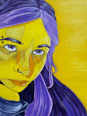 Self-portrait, purple and yellow face, detail of color theory project by <a href='http://hm95.king-net.net'>十大彩票平台</a> fine arts major, Sarah Wojnarowski