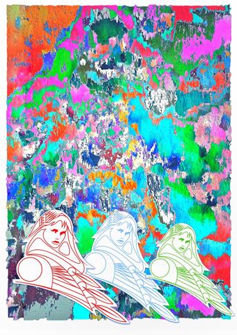 three figures superimposed over a collage of melting bright colors